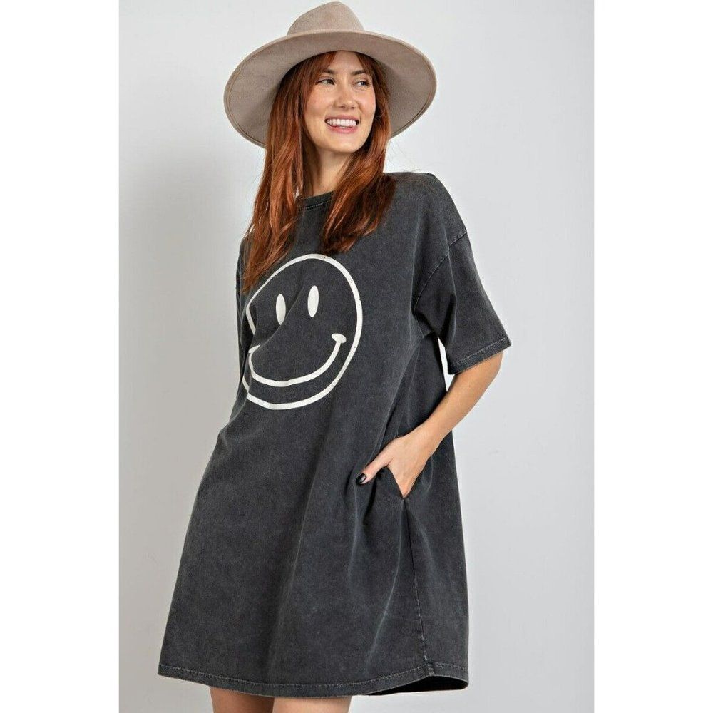 Easel Womens Smiley Face Happy Oversized Dress Top in Black S-L ED18419 - Picture 4 of 4